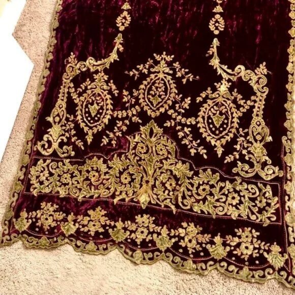 AA Baroque Burgundy Velour Antique Gold Brocade Drapery Panel Swag 100 x 38" - Picture 6 of 8